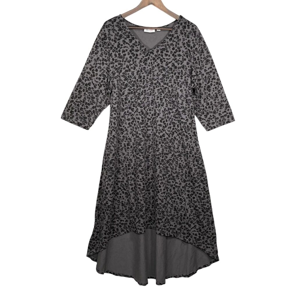 D&Co. Midi Dress Women Size XL Gray Geometric Print Hi-Low Hem Tie Waist Stretch